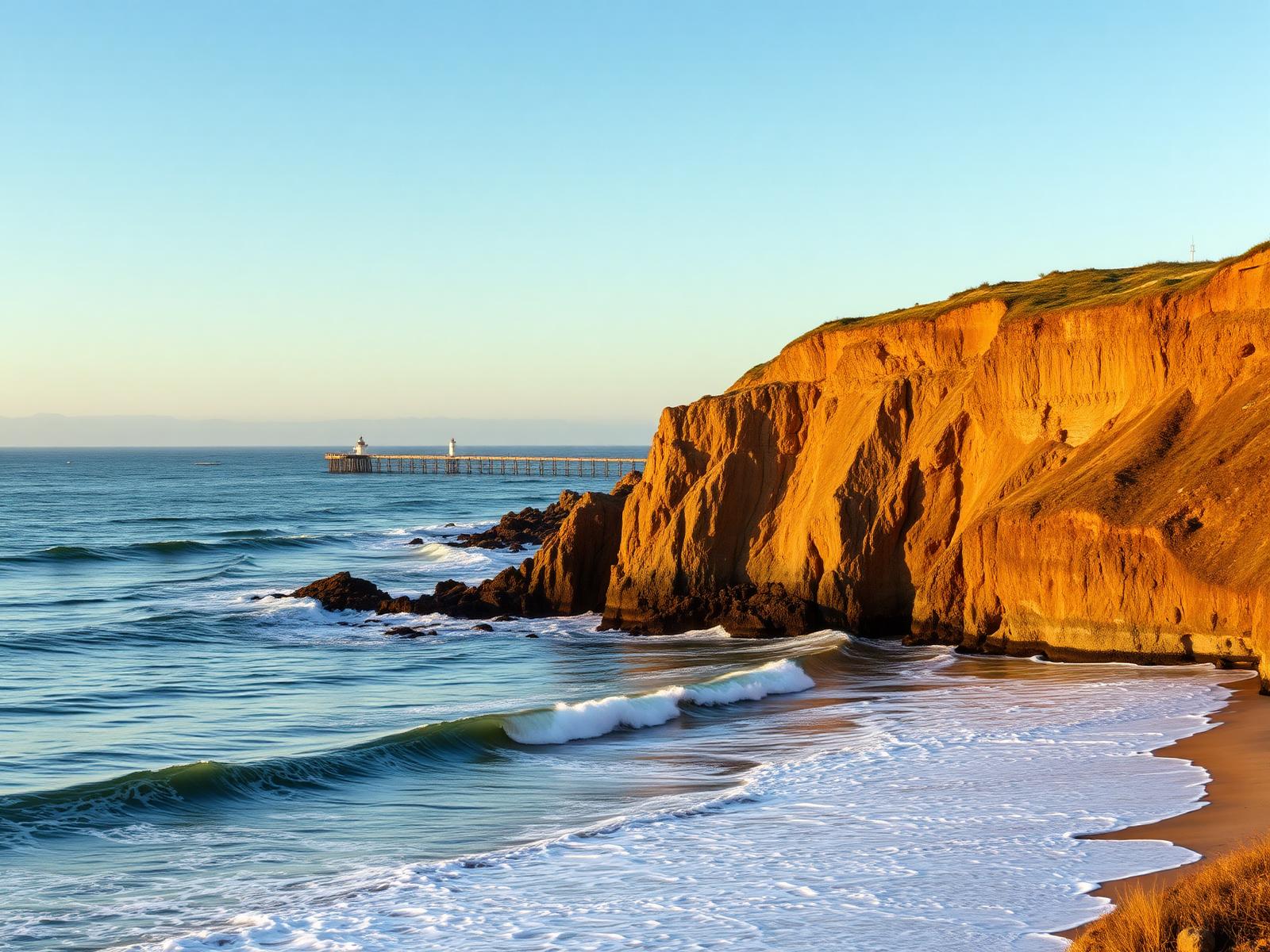 Santa Cruz, California coastline with cliffs and the Pacific Ocean at golden hour